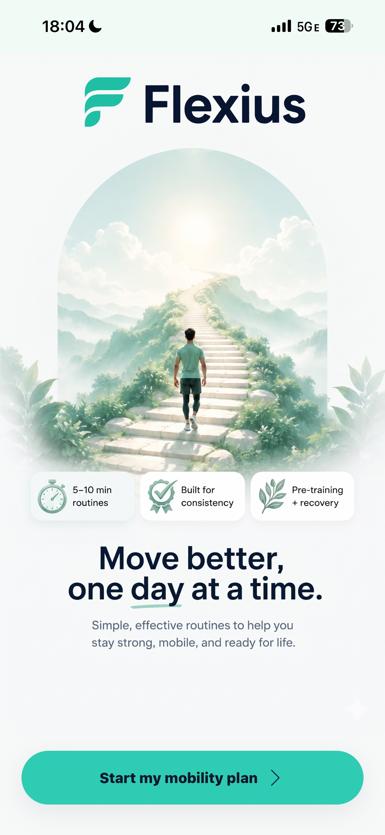 Flexius onboarding preview with the message Move Better, One Day at a Time
