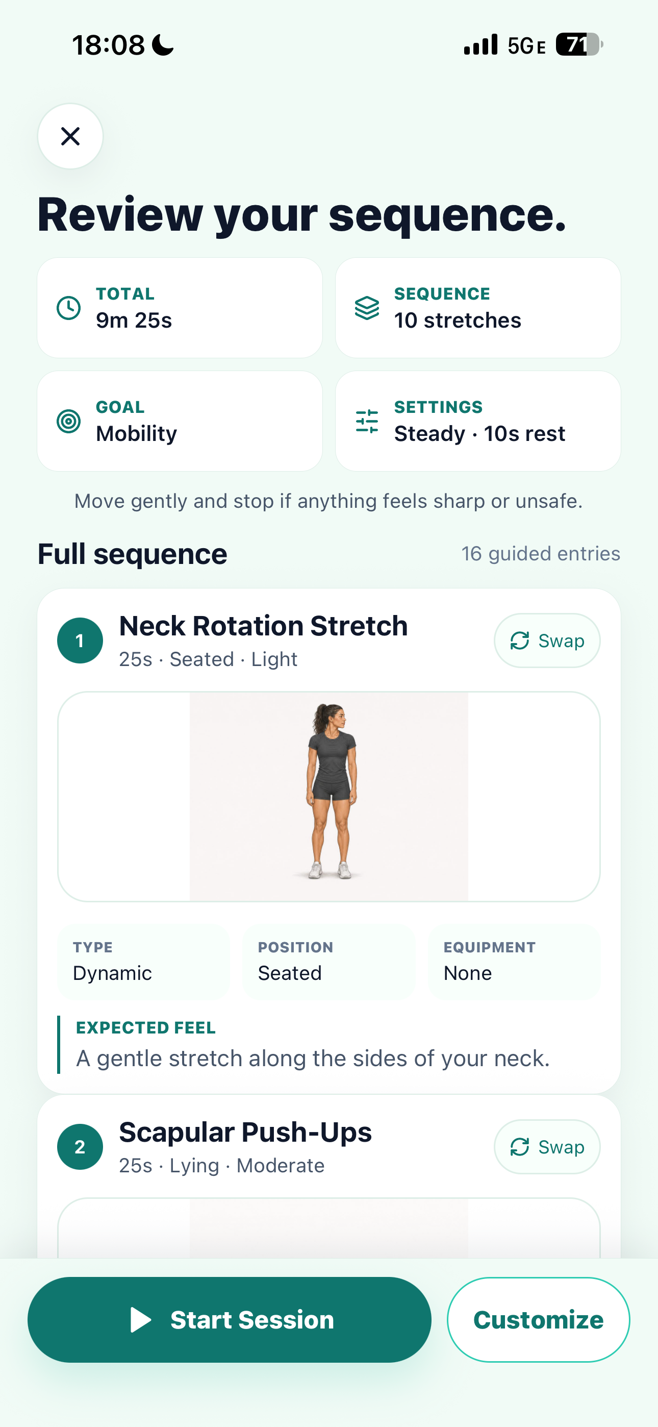 Flexius routine review screen showing a mobility sequence with start session and customize controls