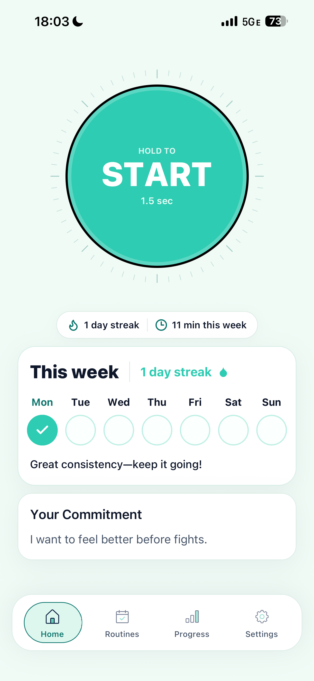 Flexius home screen with hold to start button, weekly streak, and progress navigation
